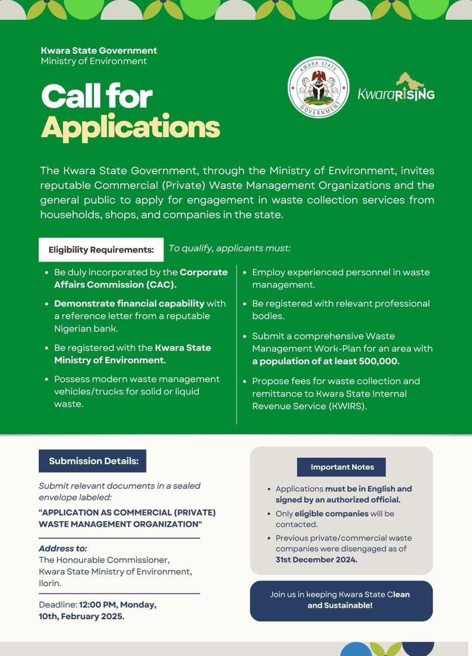 Read more about the article Kwara State Government Invites Applications for Waste Management Services