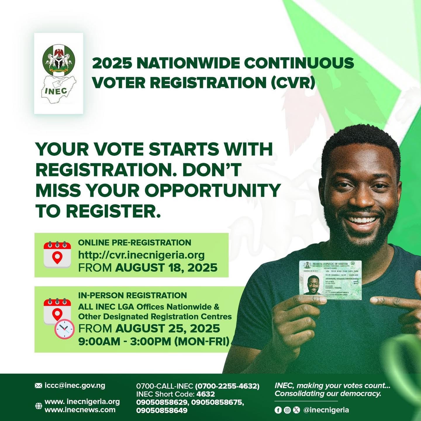 You are currently viewing INEC Opens 2025 Voter Registration with Online, In-Person Options…Nationwide Exercise Runs from August 18 at Designated Centers