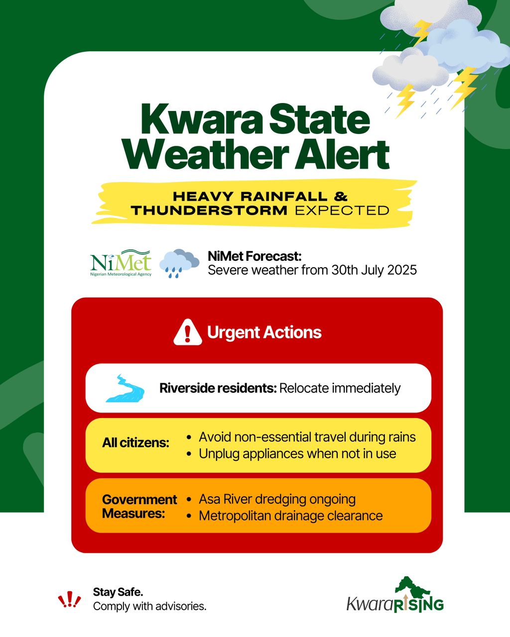 You are currently viewing Kwara Issues Severe Weather Alert, Advises Immediate Relocation for Flood-Prone Residents